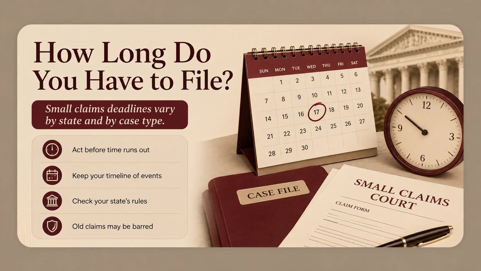 Calendar, clock, courthouse, and case file illustrating that small claims filing deadlines vary by state and claim type