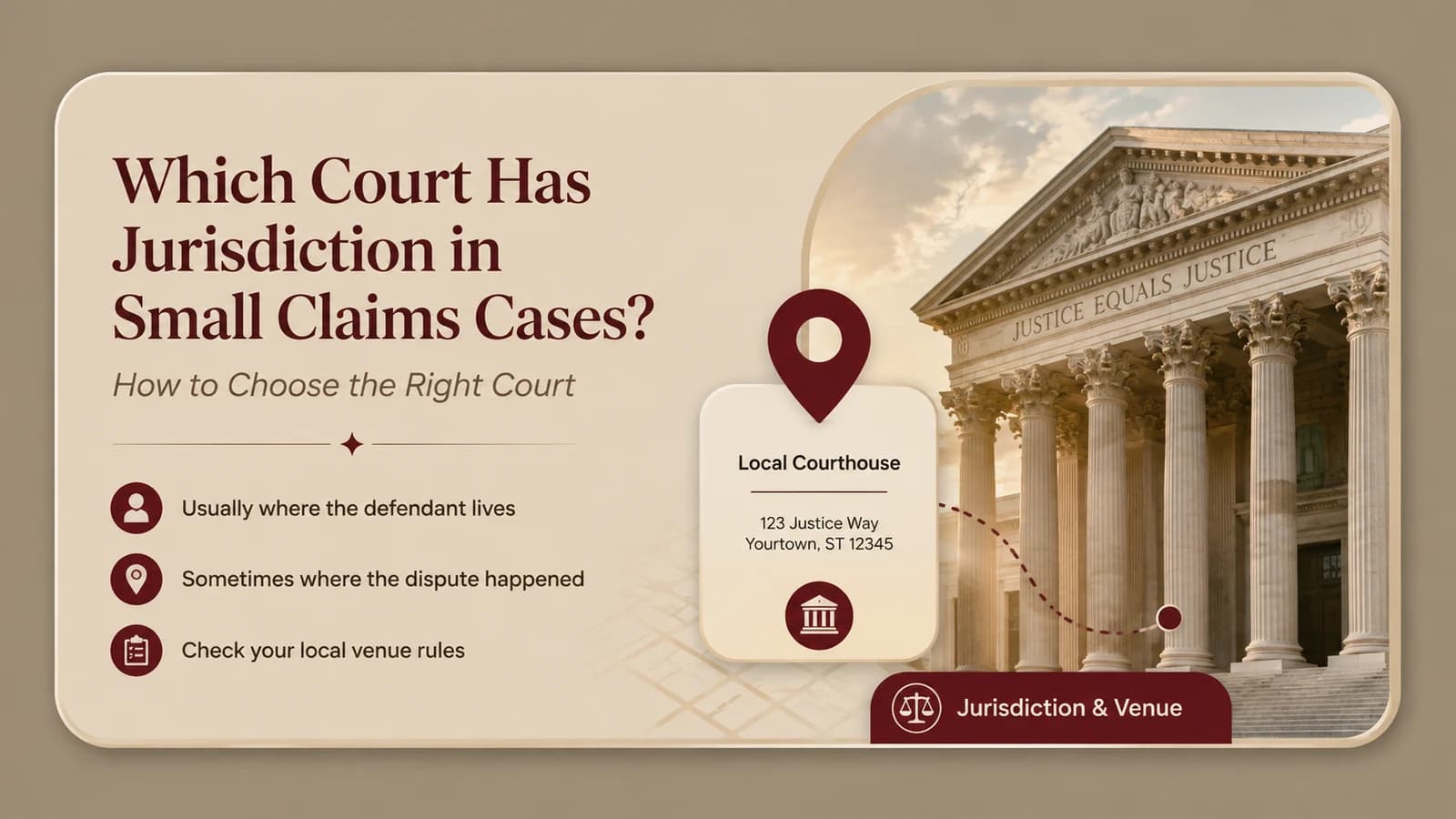 Courthouse and location marker illustrating jurisdiction and venue when choosing where to file a small claims case