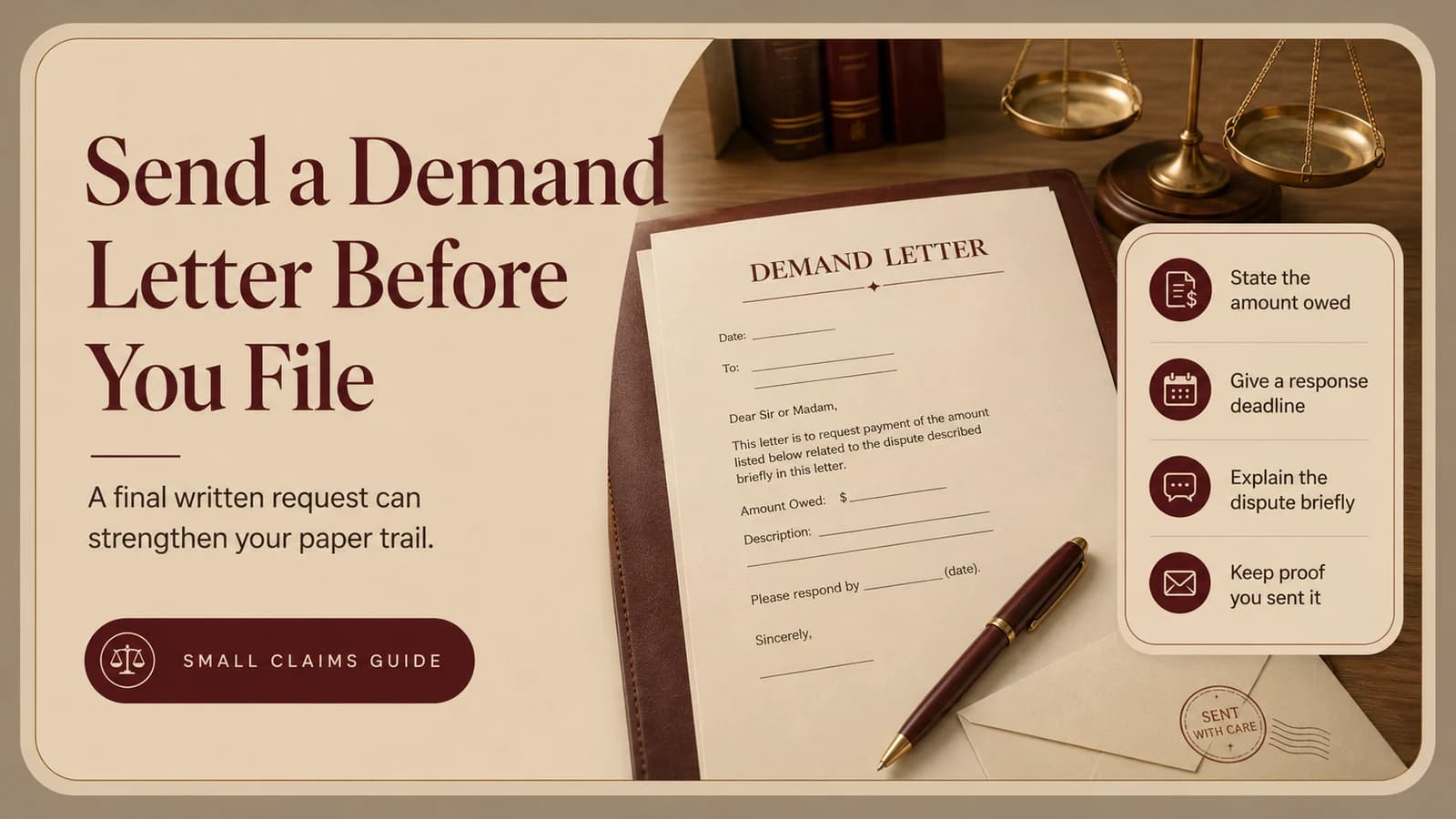 Demand letter worksheet showing the amount owed, a response deadline, a brief dispute explanation, and proof of sending before a small claims filing