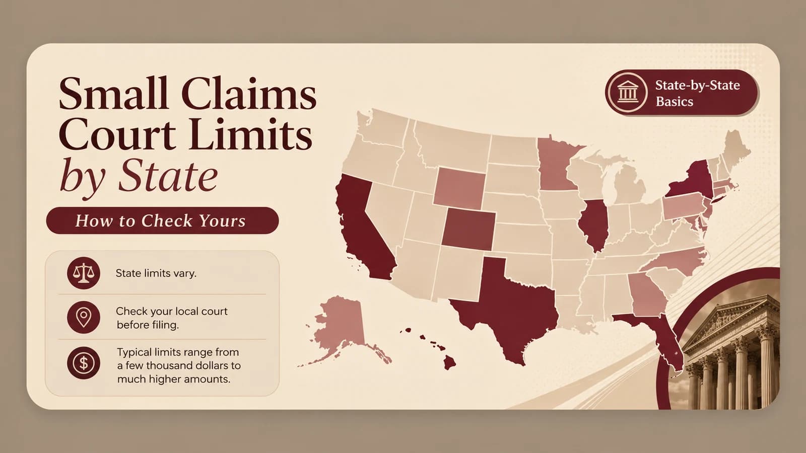 United States map illustrating that small claims court dollar limits vary by state and should be checked with the local court