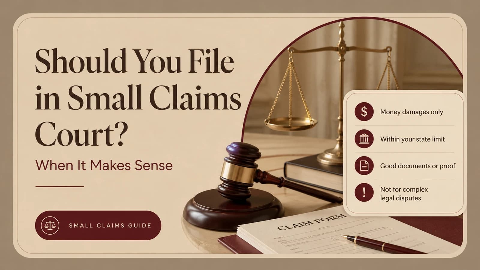 Small claims court fit checklist with a gavel, scales of justice, and claim form in the site cream and burgundy palette