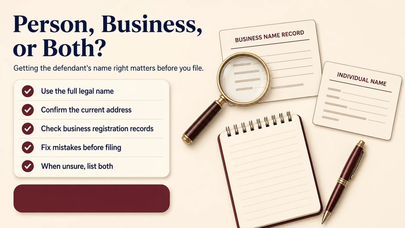 Magnifying glass over a blank business name record card next to a blank individual name card, with a notepad and pen