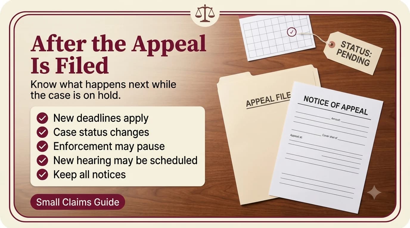 Appeal file folder, notice of appeal cover sheet, and a status-pending tag showing what happens after a small claims appeal is filed