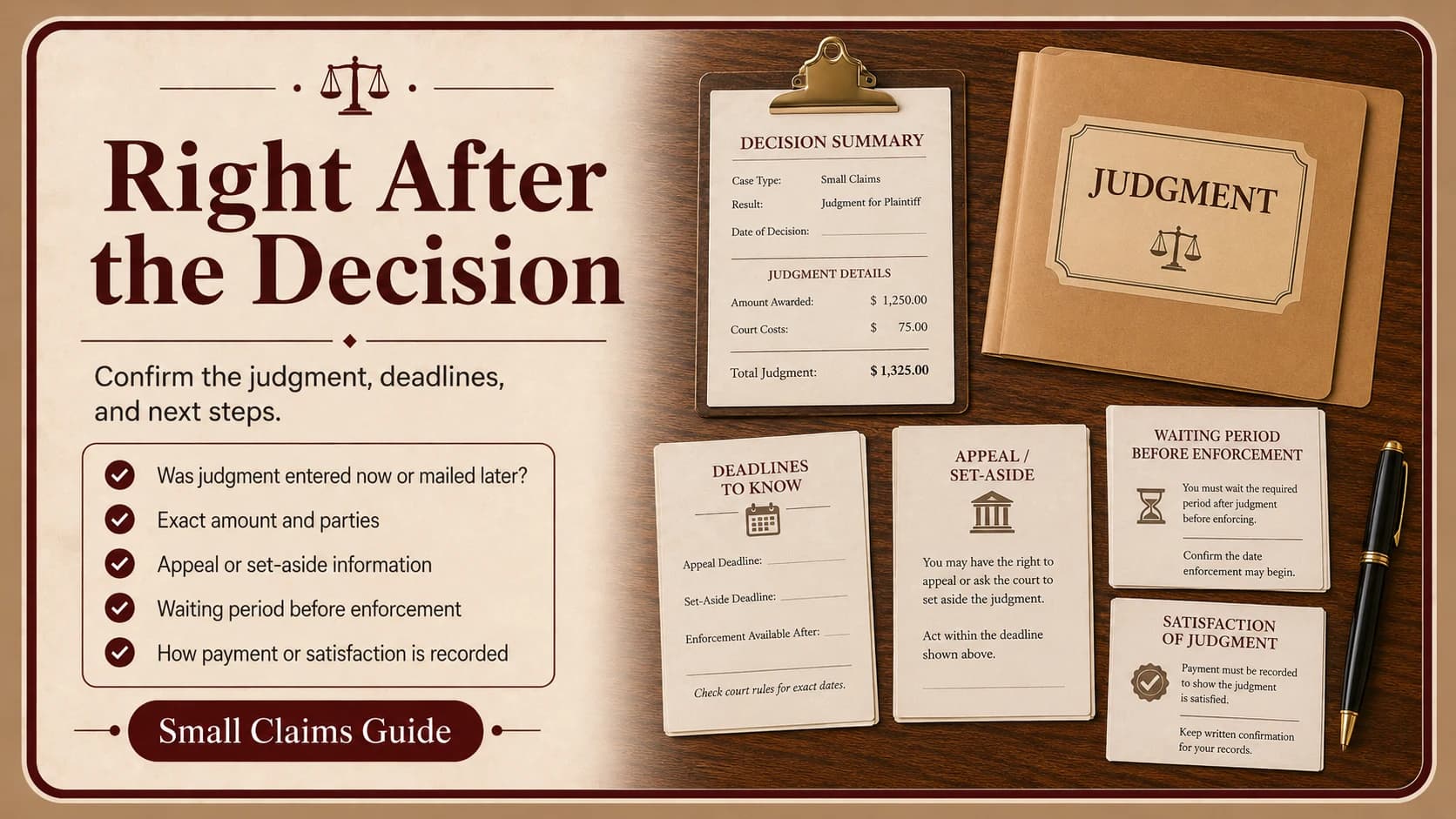 Decision summary and judgment folder alongside cards for appeal deadlines, waiting period, and satisfaction of judgment