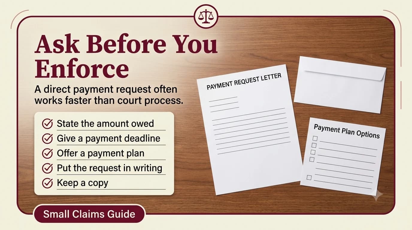 A blank payment request letter, a blank envelope, and a payment plan options card with checkboxes