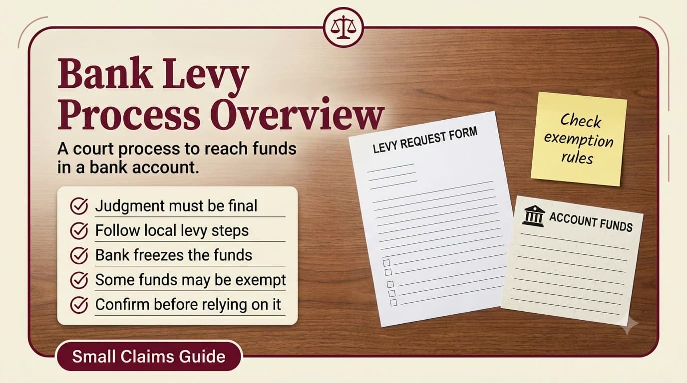 A blank levy request form, a sticky note reading check exemption rules, and an account funds card with a bank icon