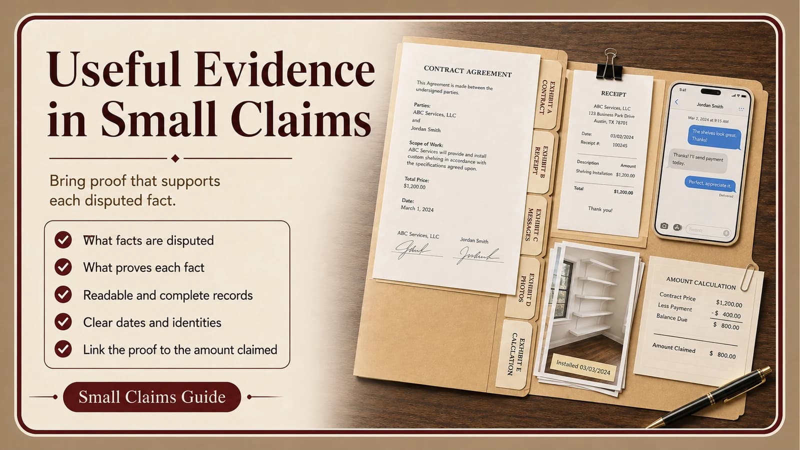 Organized small claims evidence file with contract, receipt, messages, photos, and amount calculation linked to disputed facts