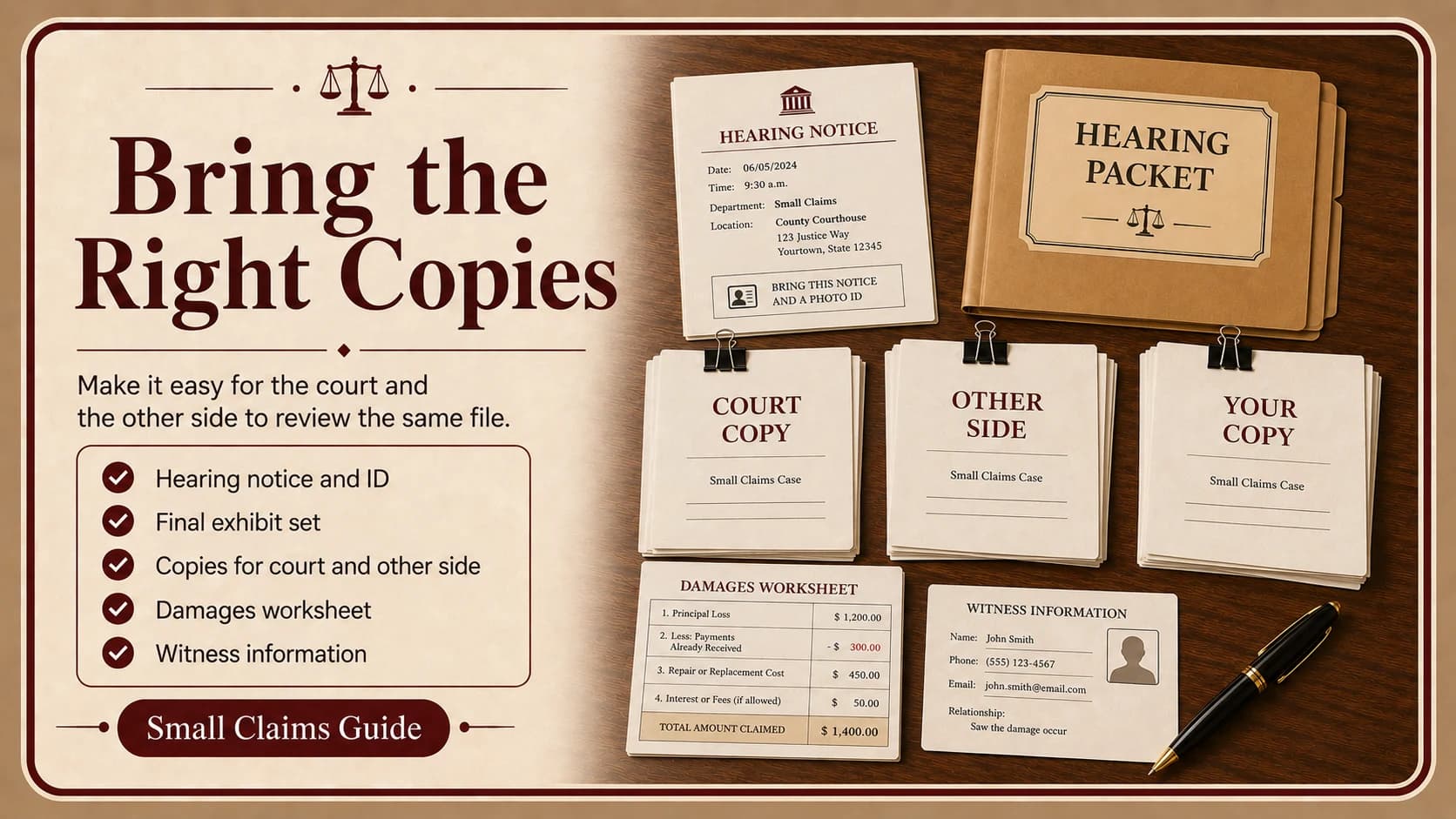 Hearing notice, hearing packet, and three labeled copy stacks for the court, the other side, and the plaintiff