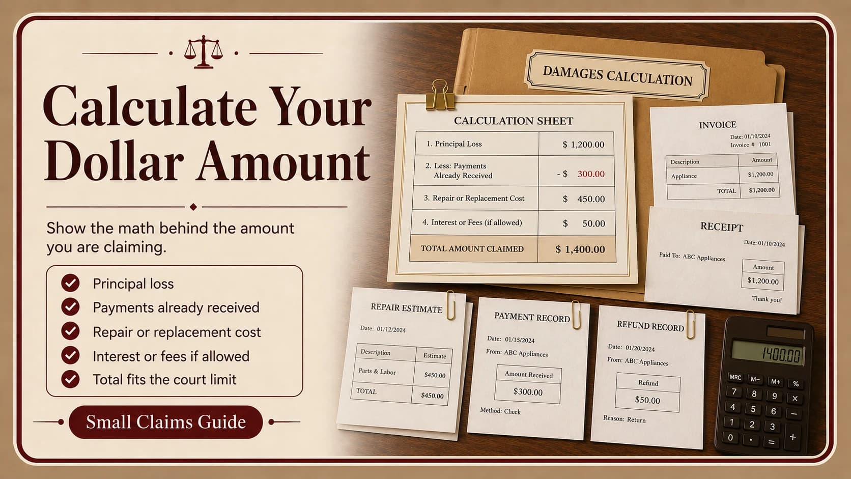 Damages calculation sheet showing principal loss, payments received, repair costs, and fees adding up to a total claimed amount