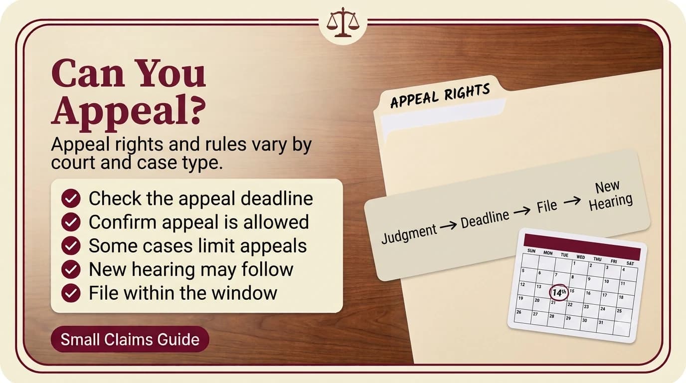 Appeal rights folder next to a Judgment-Deadline-File-New Hearing flowchart card and a calendar with a circled date