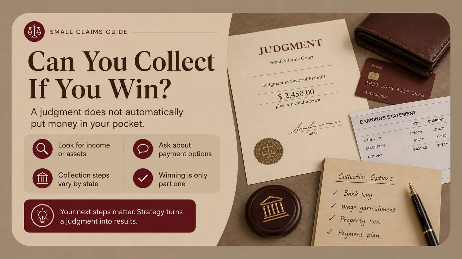 Judgment and collection worksheet illustrating that winning a small claims case does not automatically result in payment