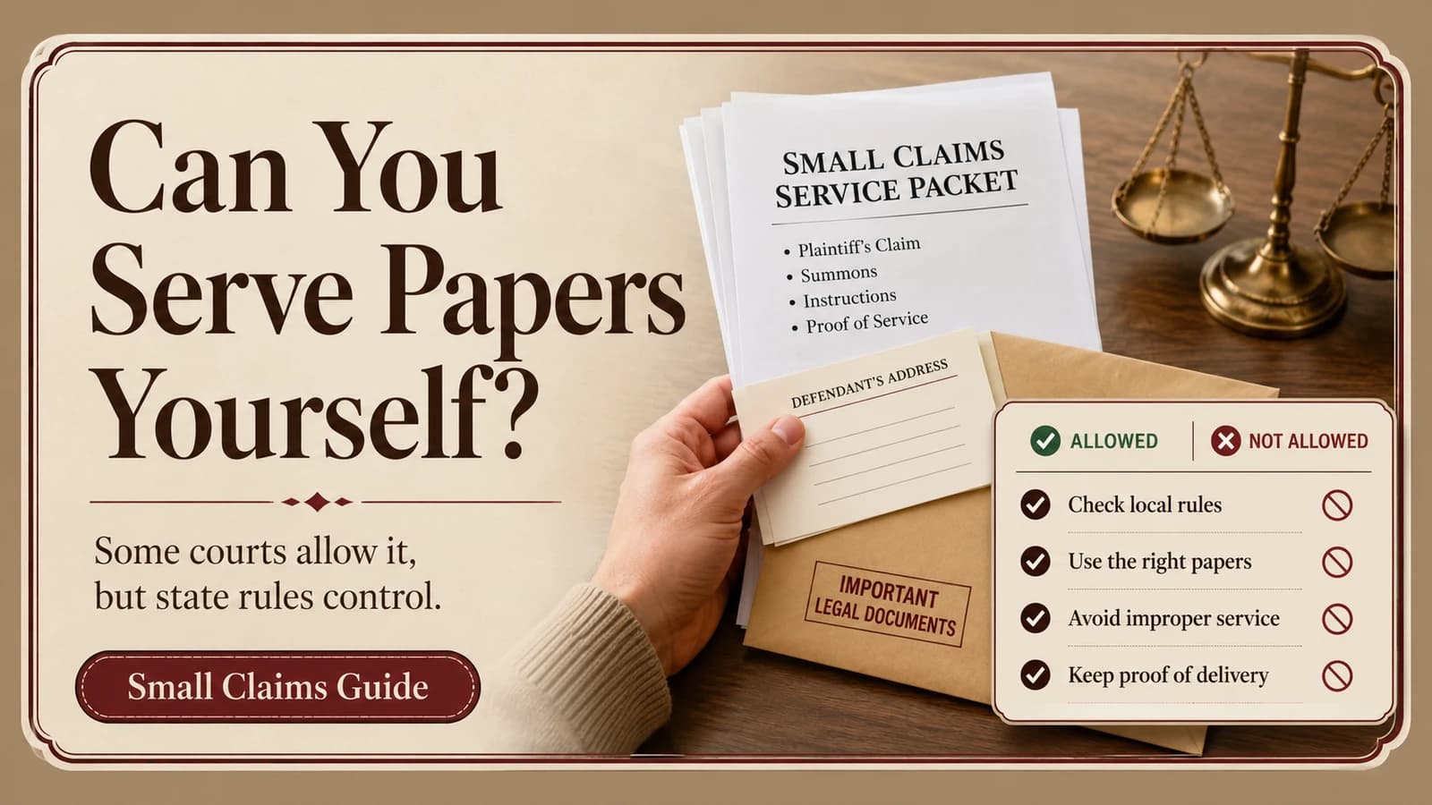 Small claims service packet with an allowed-versus-not-allowed checklist illustrating that whether a plaintiff may serve papers depends on local rules