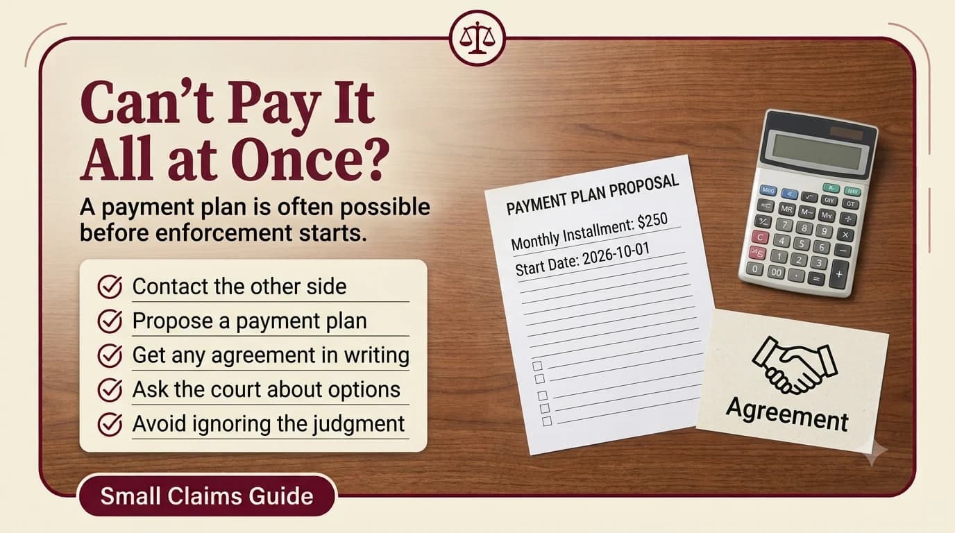 A payment plan proposal sheet with a sample monthly installment and start date, a calculator, and an agreement handshake card
