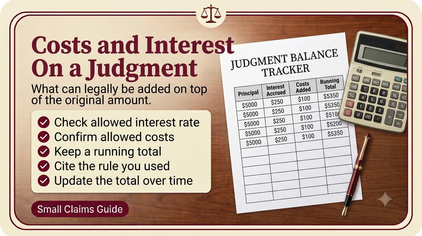 Judgment balance tracker ledger with principal, interest, and cost columns next to a calculator and pen