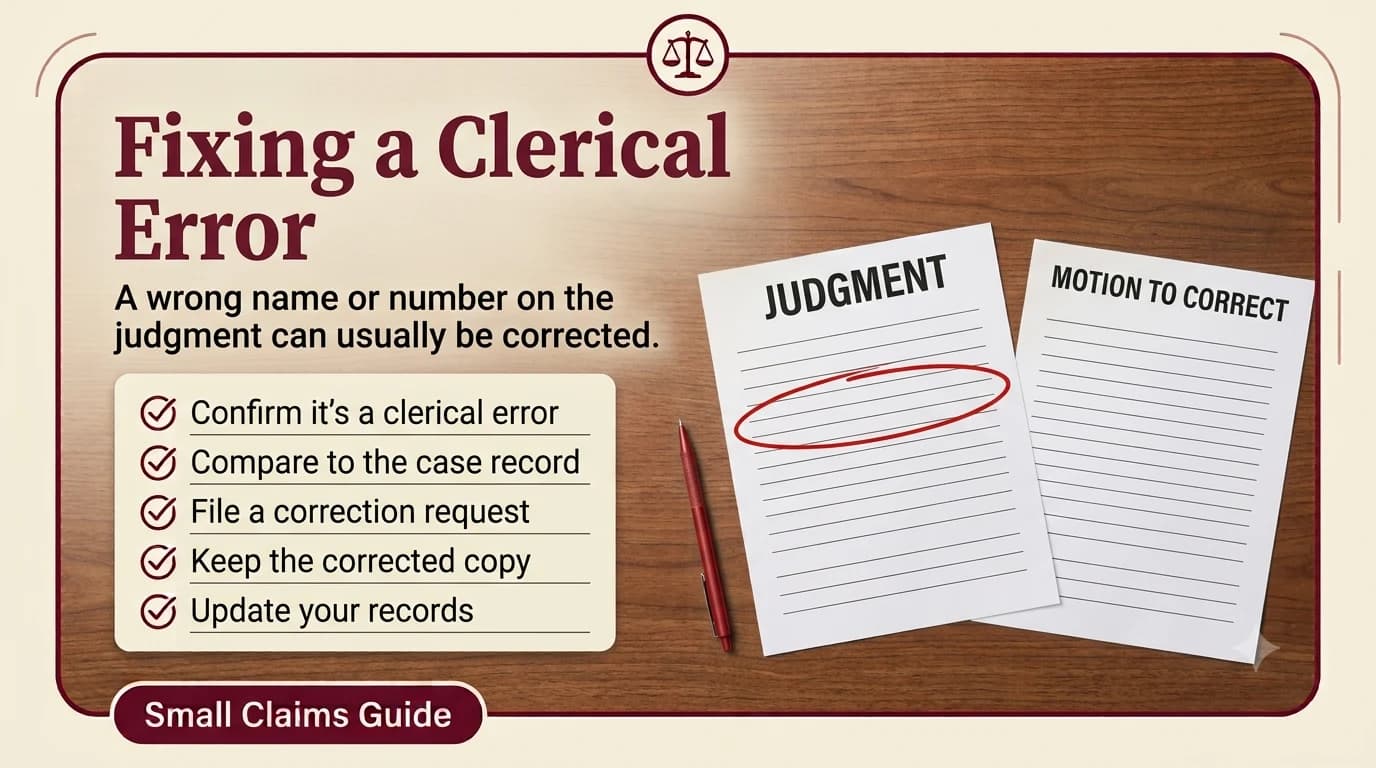 A judgment document with a blank line circled in red next to a blank motion to correct form and a red pen