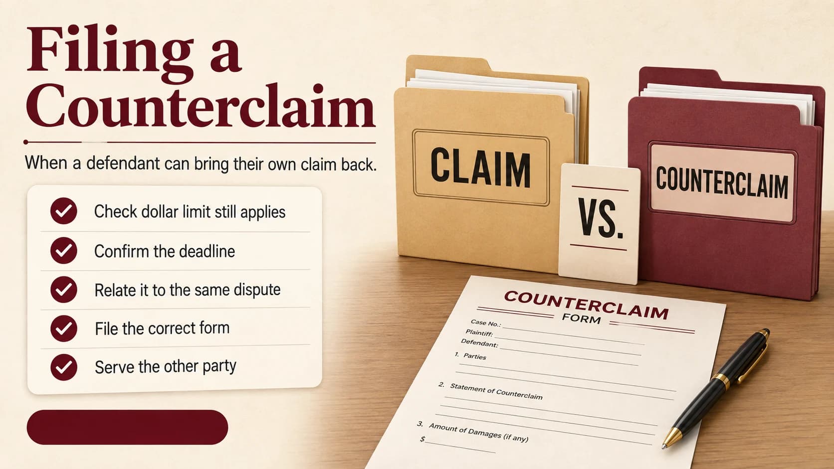 Claim folder and counterclaim folder facing each other with a blank counterclaim form showing case, plaintiff, and defendant fields