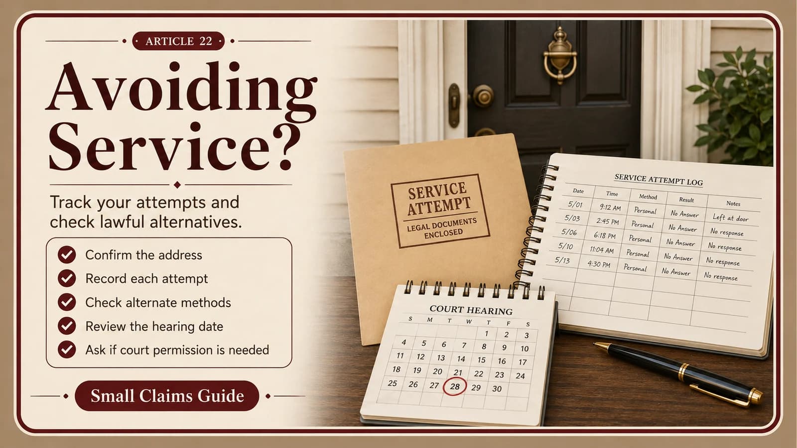 Service attempt log, hearing calendar, and legal-document envelope illustrating how to document repeated lawful attempts when a defendant appears to avoid service