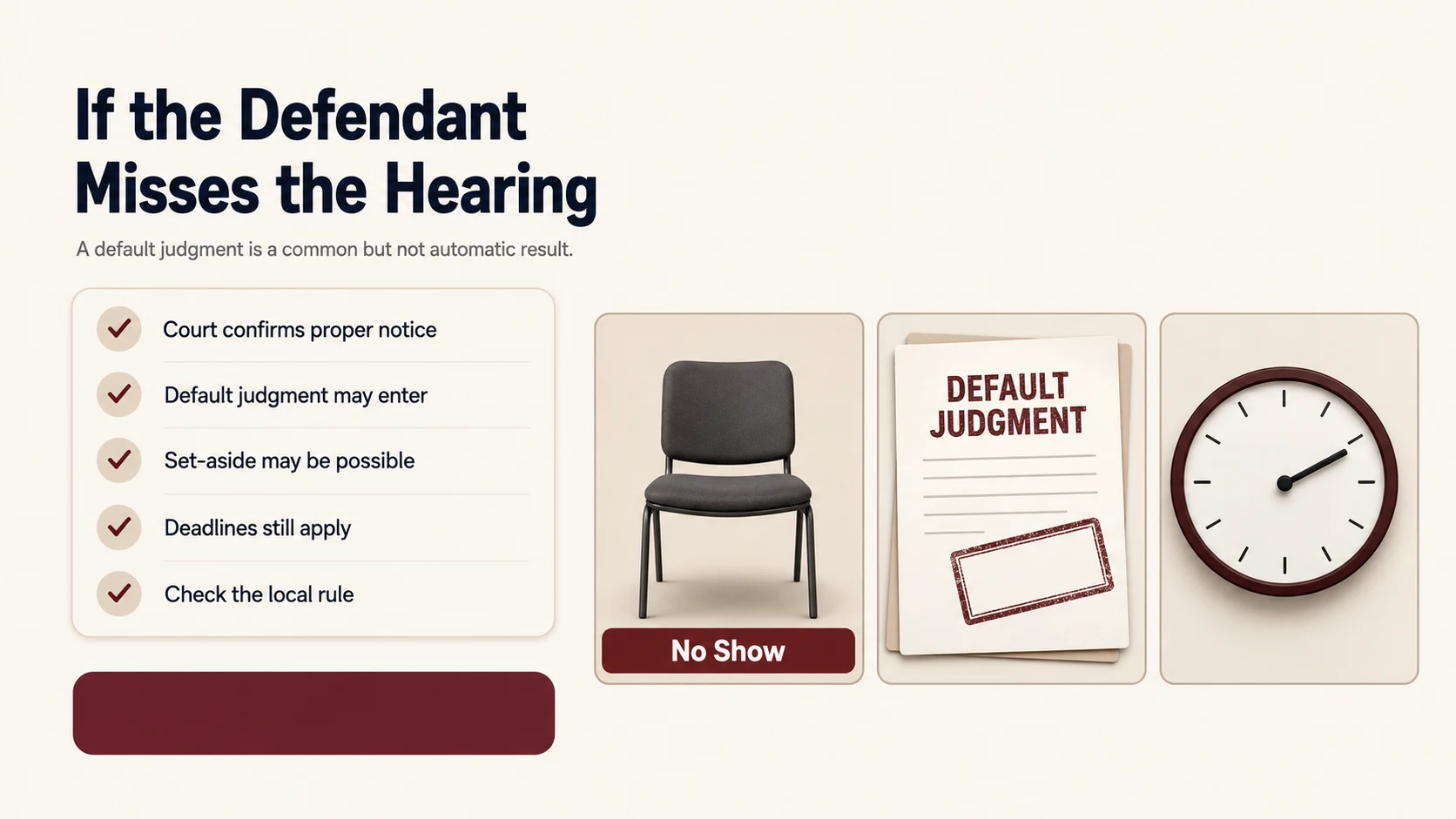 Empty chair marked No Show next to a default judgment document and a clock, illustrating what happens when a defendant misses the hearing