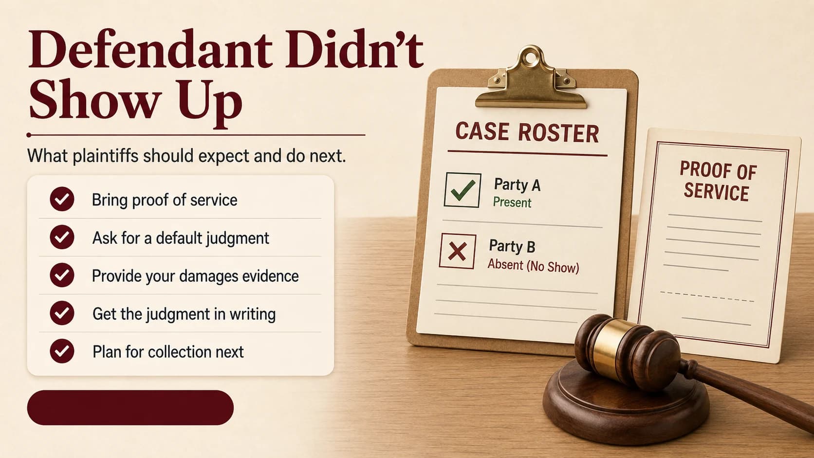 Case roster clipboard showing one party present and one absent, next to a proof of service card and a gavel