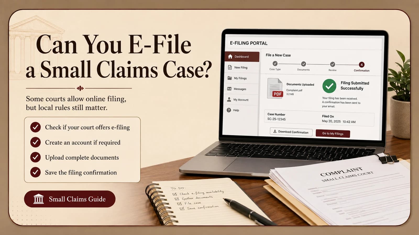 Small claims e-filing portal with uploaded complaint and filing confirmation, illustrating online filing where a local court permits it
