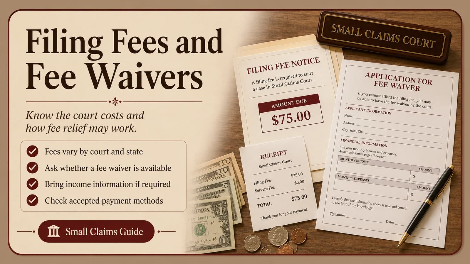 Small claims filing fee notice, payment receipt, and fee waiver application showing that court costs and fee relief vary by court and state