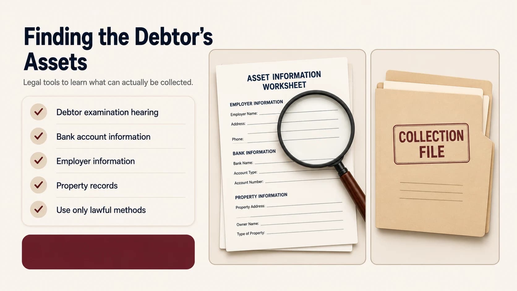 Magnifying glass over a blank asset information worksheet with employer, bank, and property fields, next to a collection file folder
