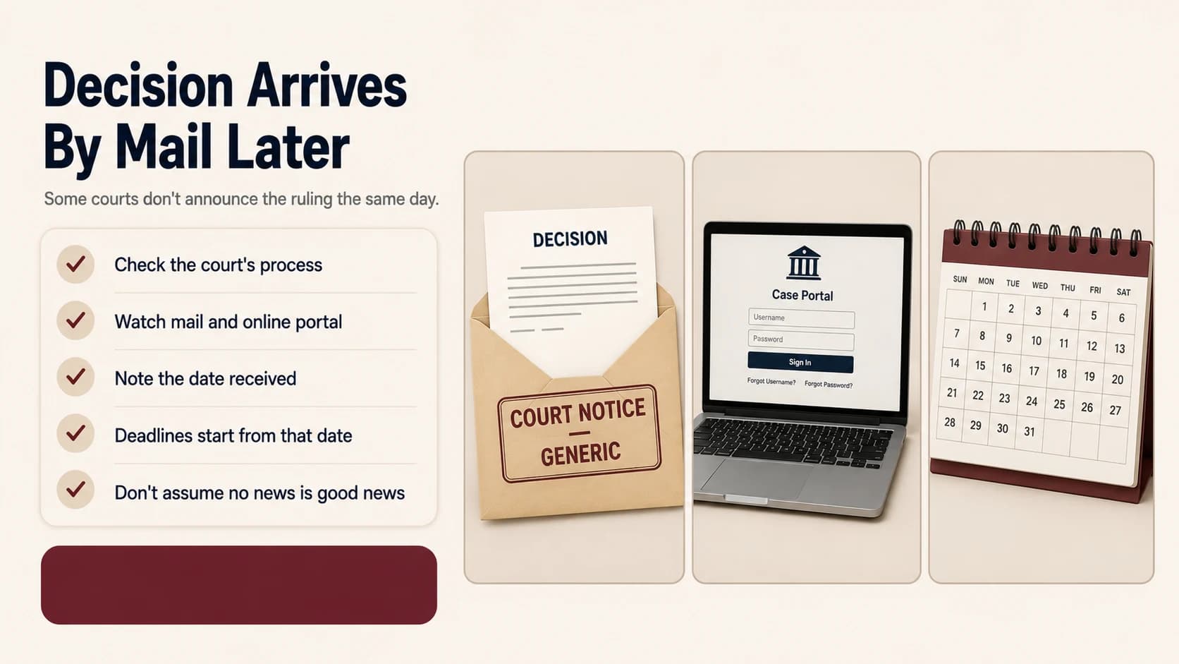 A generic court notice envelope with a decision letter, a laptop showing a case portal sign-in screen, and a calendar