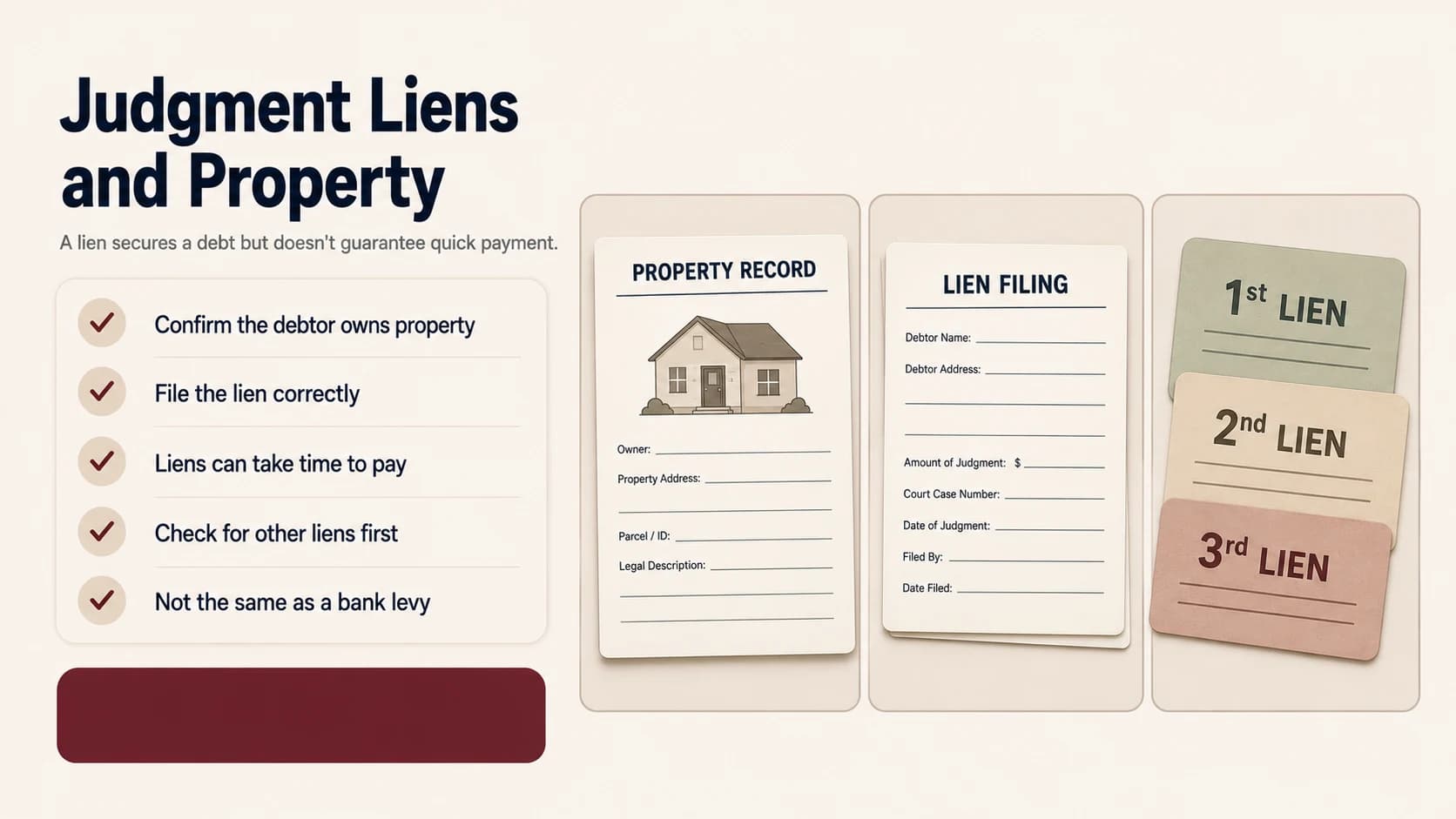 A blank property record card with a house icon, a lien filing form, and stacked cards showing first, second, and third lien priority