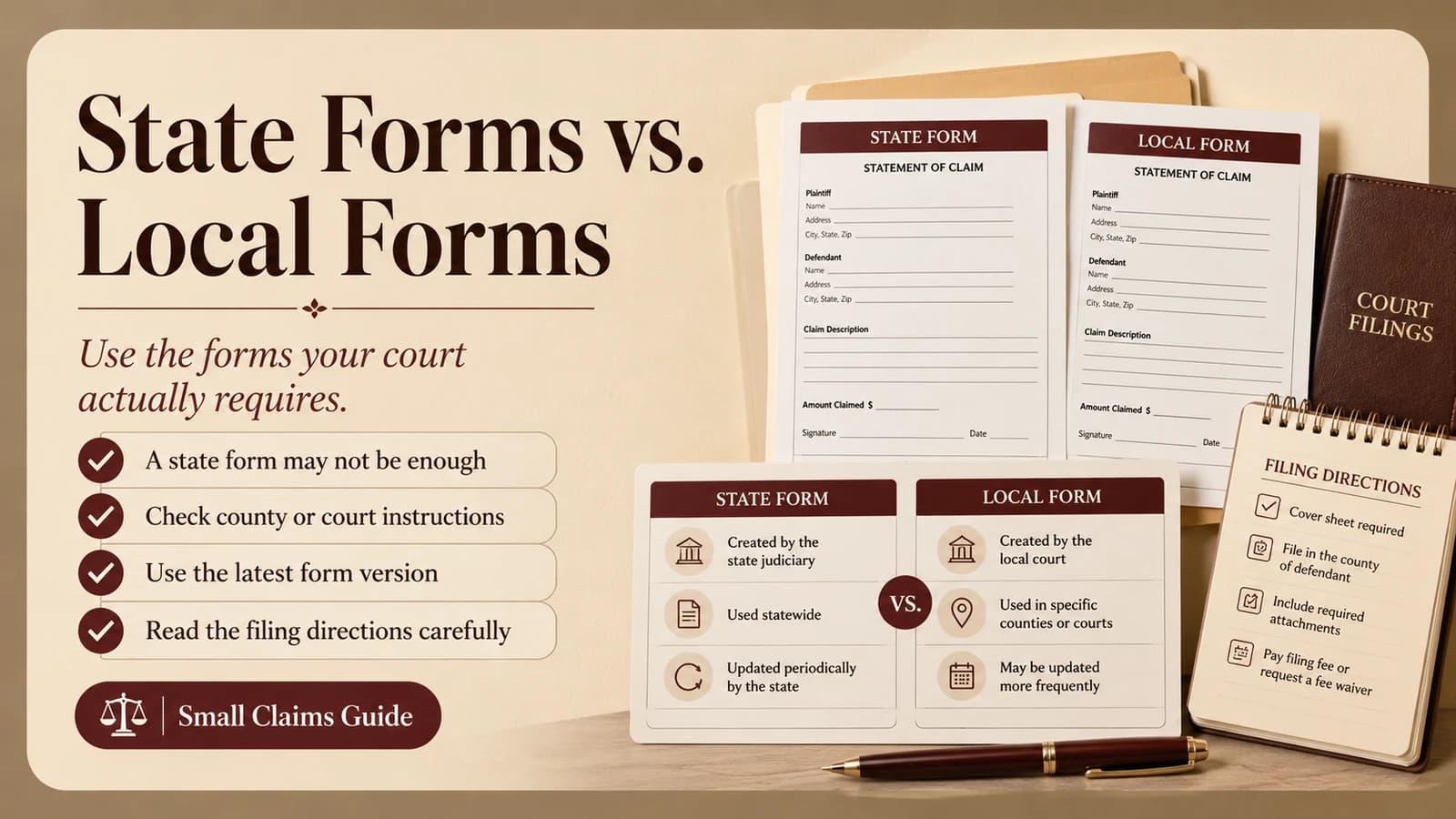 State and local small claims forms compared side by side with filing directions emphasizing the forms required by the court handling the case