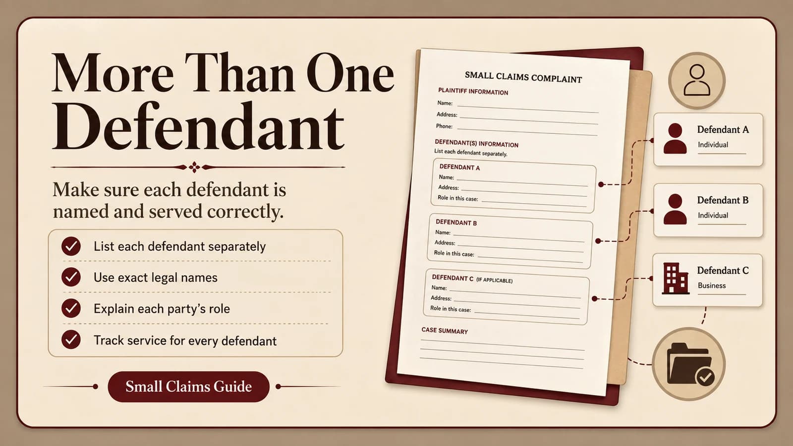 Small claims complaint listing multiple defendants separately and showing the need to use exact legal names and track service for each party