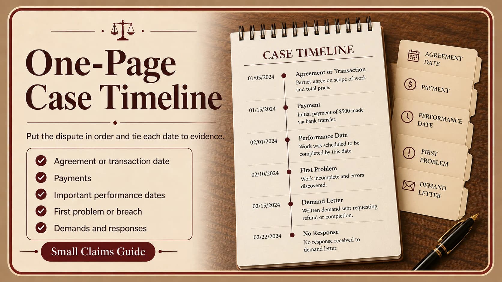 One-page case timeline notebook listing the agreement date, payment, performance date, first problem, and demand letter in order