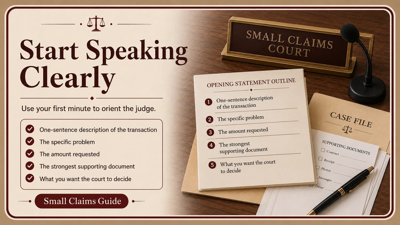 Opening statement outline card listing the transaction, the problem, amount requested, strongest document, and requested decision