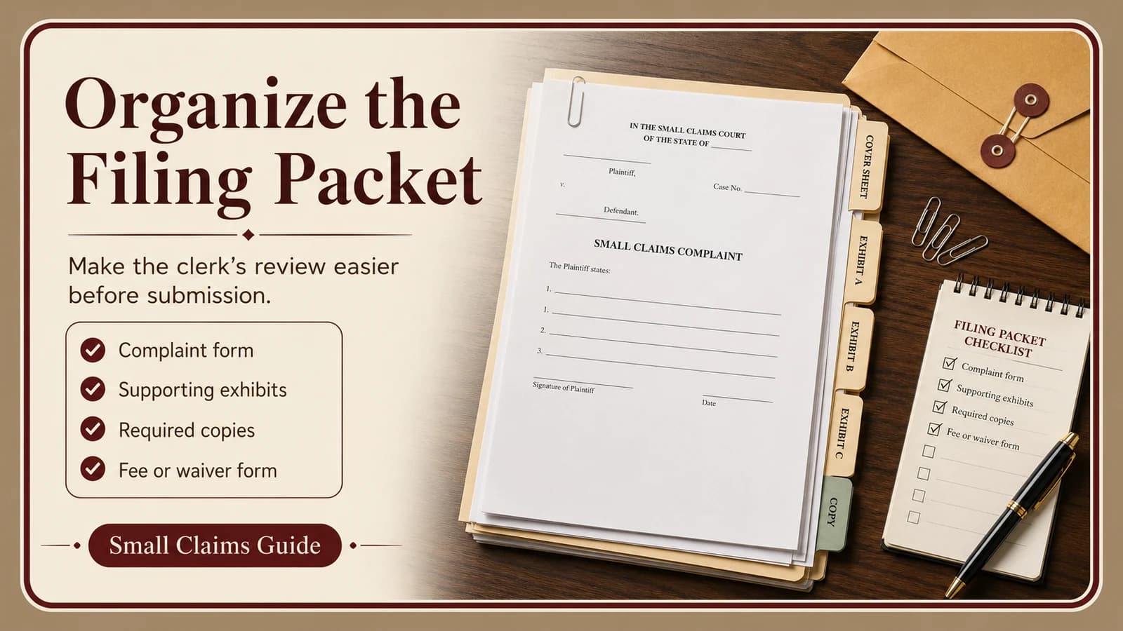 Organized small claims filing packet with complaint, exhibits, required copies, fee or waiver paperwork, cover sheet, and a pre-submission checklist
