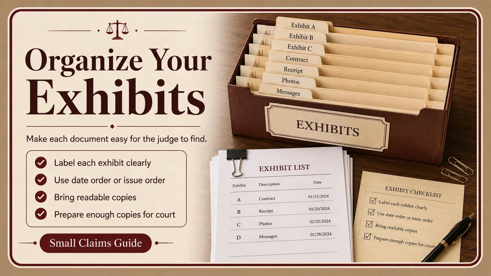 Labeled exhibit folder, exhibit list, and checklist showing how to organize documents for a small claims hearing