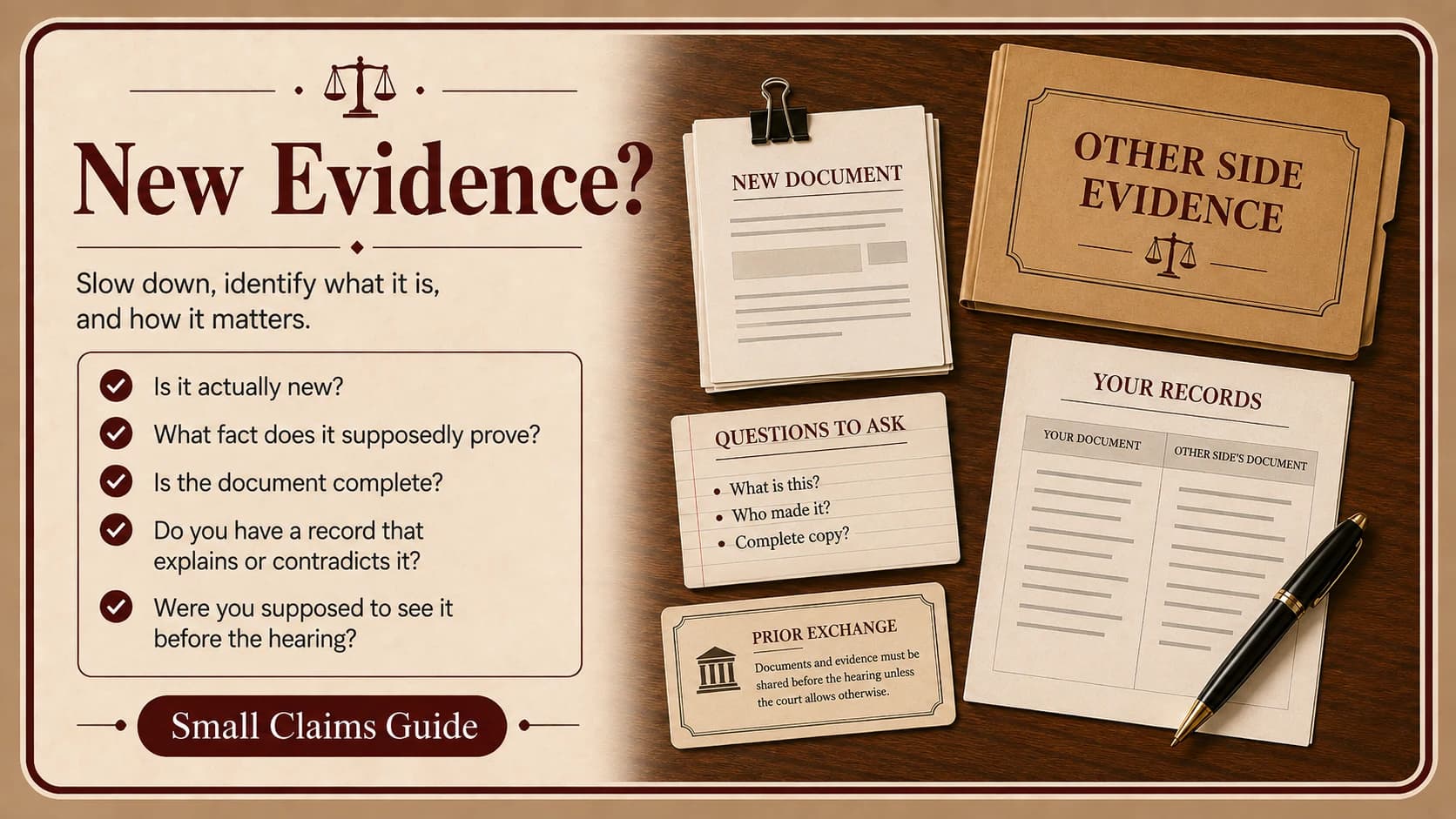 New document and other-side evidence folder with a checklist of questions to ask about unexpected evidence at a hearing