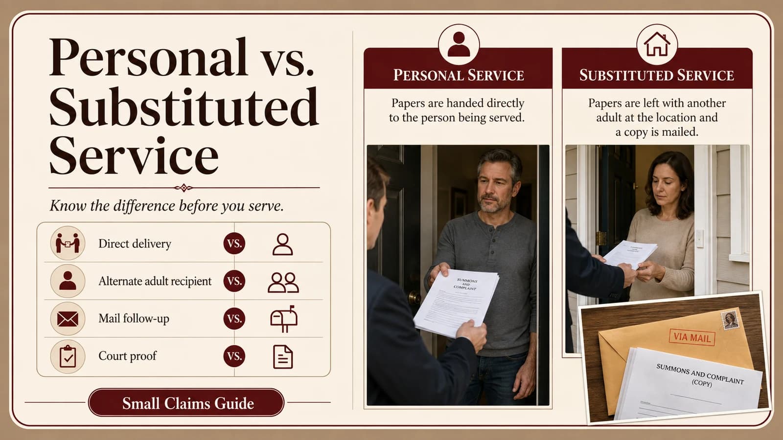 Side-by-side comparison of personal service and substituted service showing direct delivery, alternate adult recipient, mail follow-up, and proof requirements