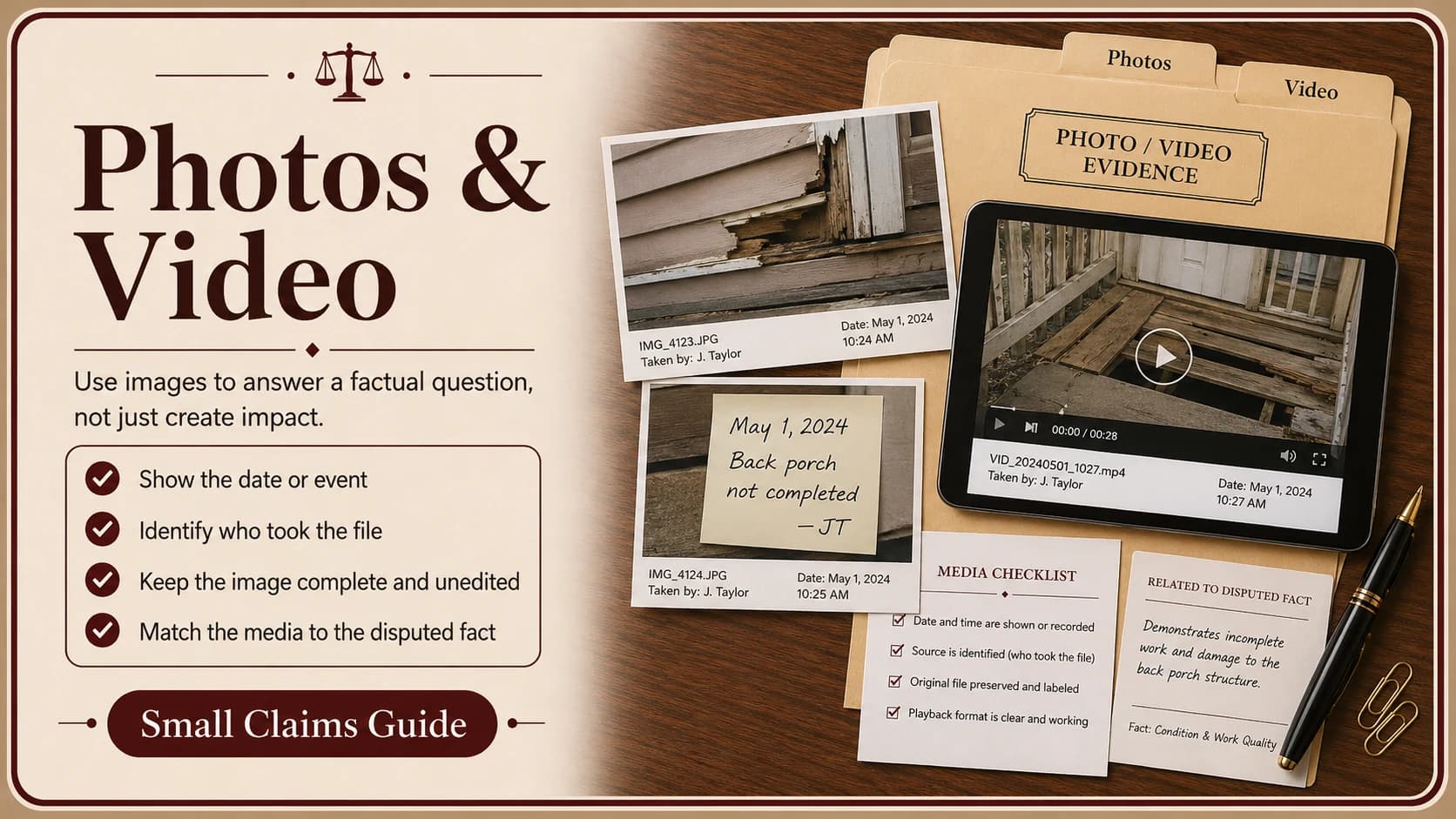 Labeled photo prints and a video clip with date, source, and description showing how to prepare photo and video evidence