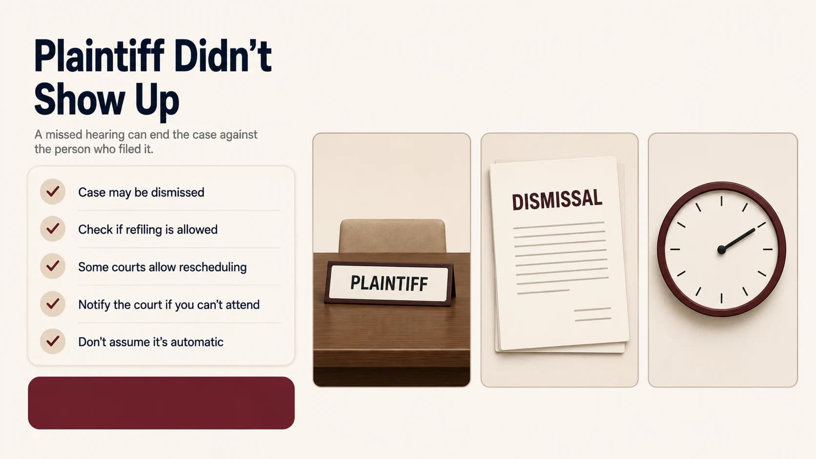 An empty desk placard reading Plaintiff next to a dismissal document and a clock