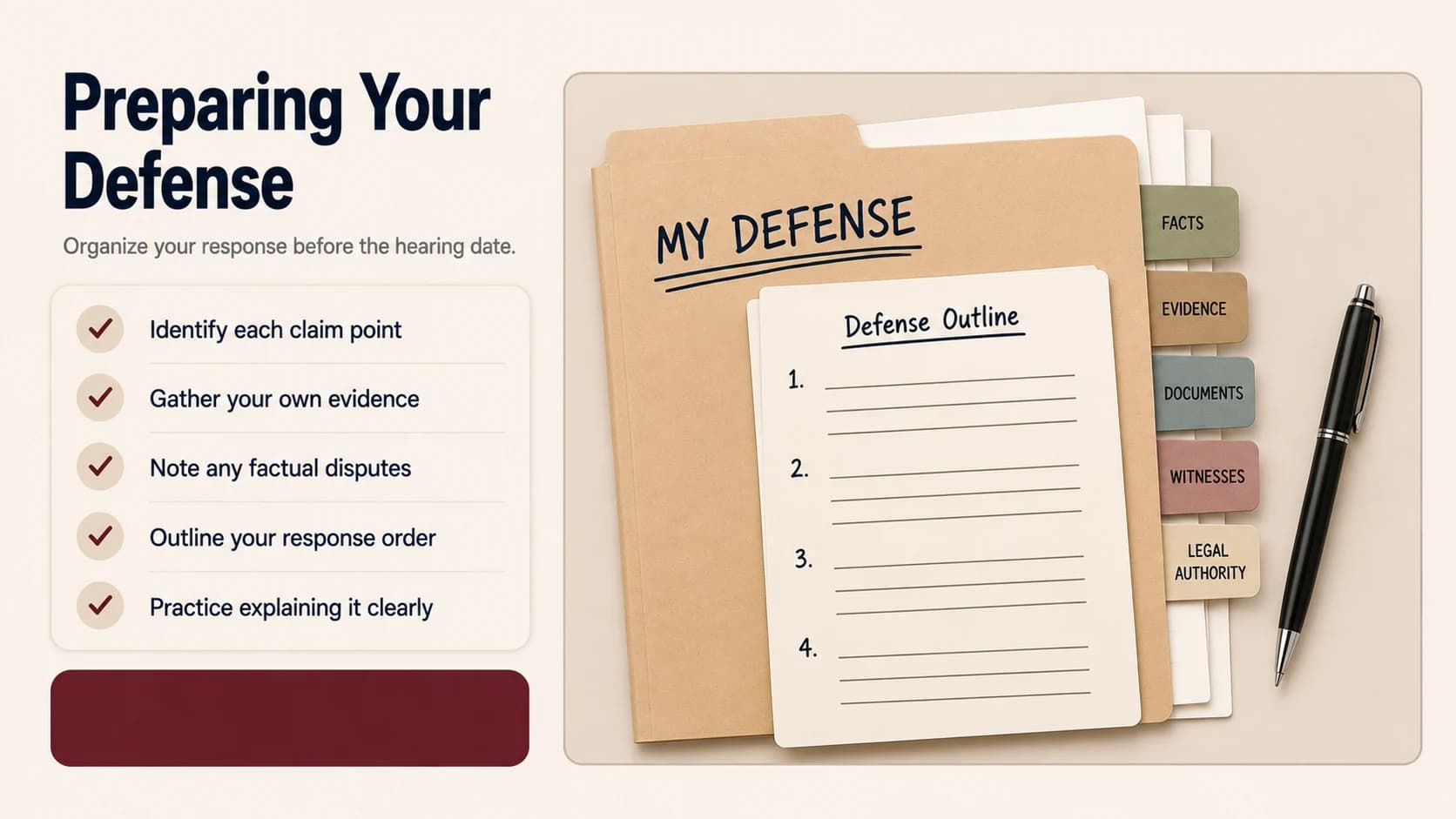 A folder labeled My Defense with a numbered defense outline card and tabbed sections for facts, evidence, documents, and witnesses