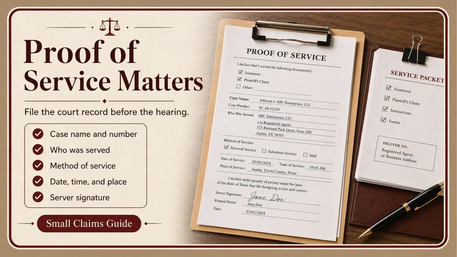 Proof of service form showing the case number, person served, service method, date, time, place, and server signature before a small claims hearing