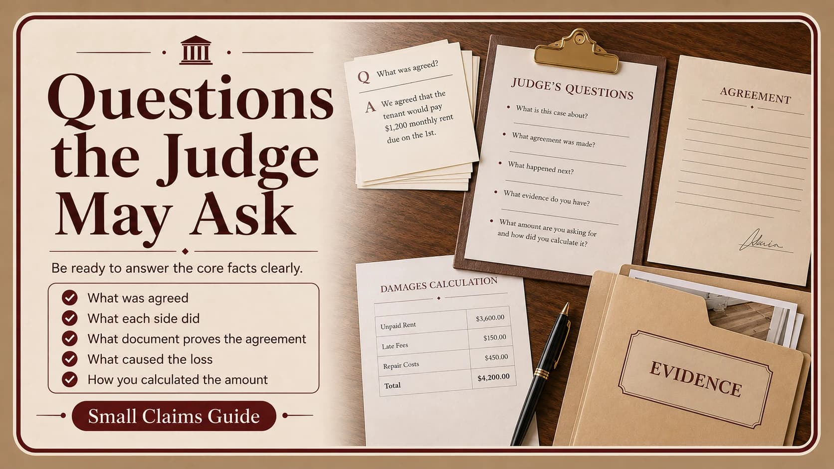 Judge questions checklist card covering what was agreed, what each side did, and how the claimed amount was calculated