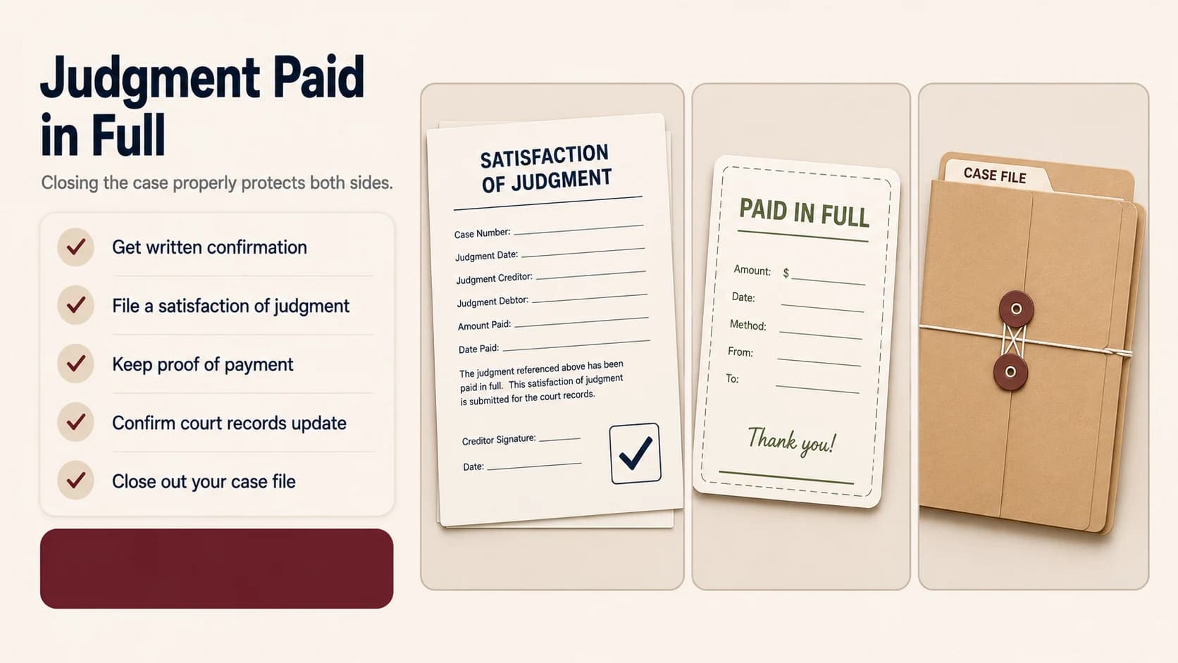 A satisfaction of judgment form, a paid in full card, and a tied case file folder showing a closed-out small claims case