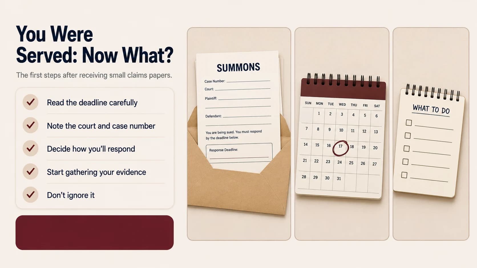 An opened envelope with a blank summons cover sheet, a calendar with a circled deadline, and a checklist notepad