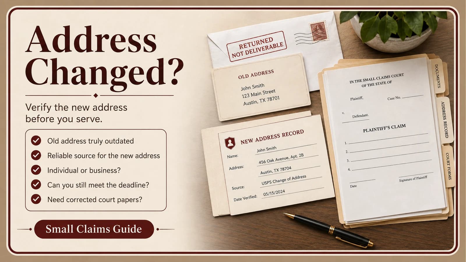Returned mail, old address card, new address record, and small claims file illustrating how to verify a changed defendant address before service