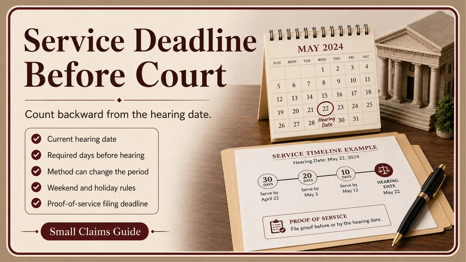 Hearing calendar and service timeline illustrating how to count backward from the court date and check proof-of-service deadlines