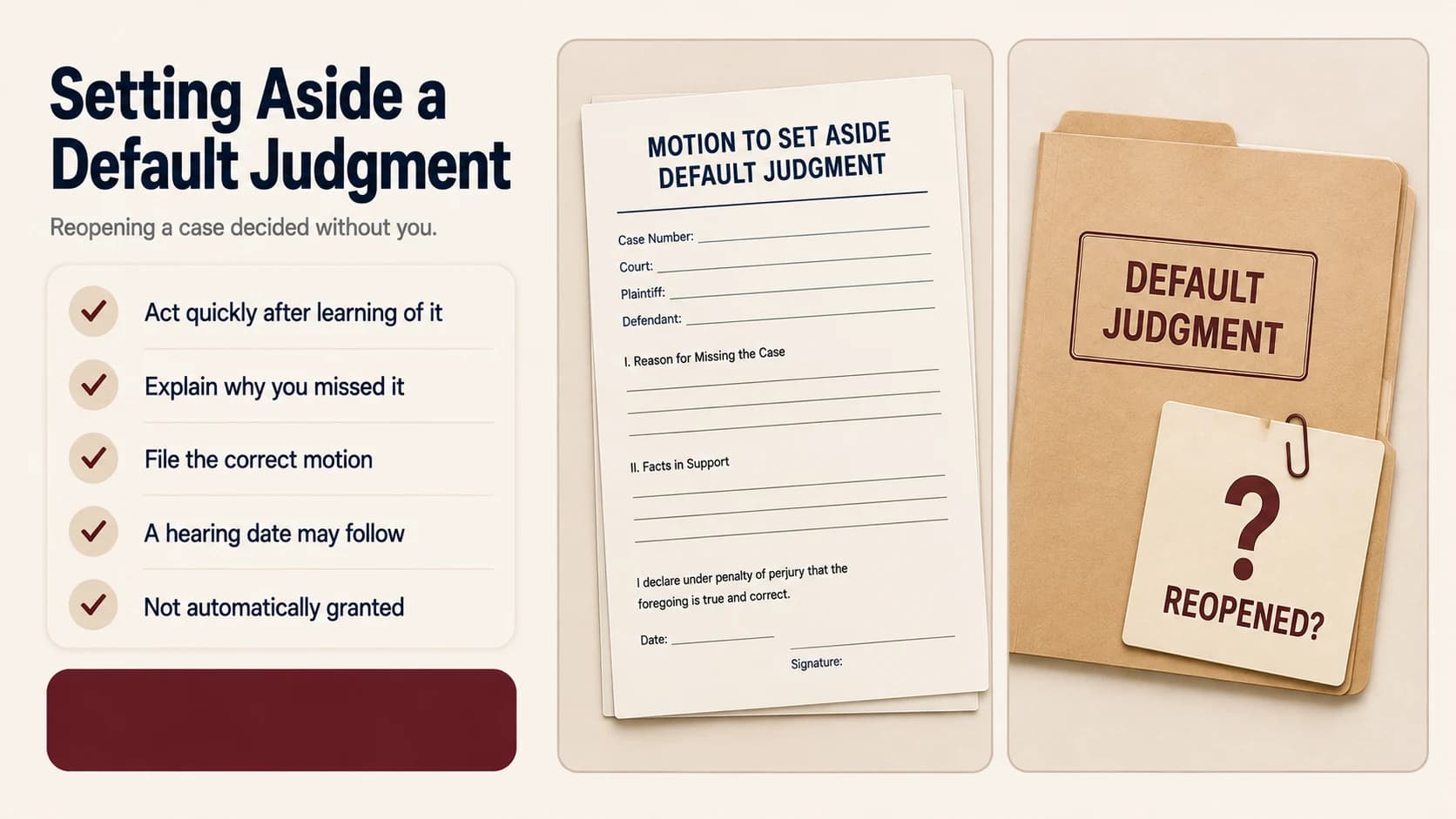 A motion to set aside default judgment form next to a default judgment folder tagged with a reopened question mark