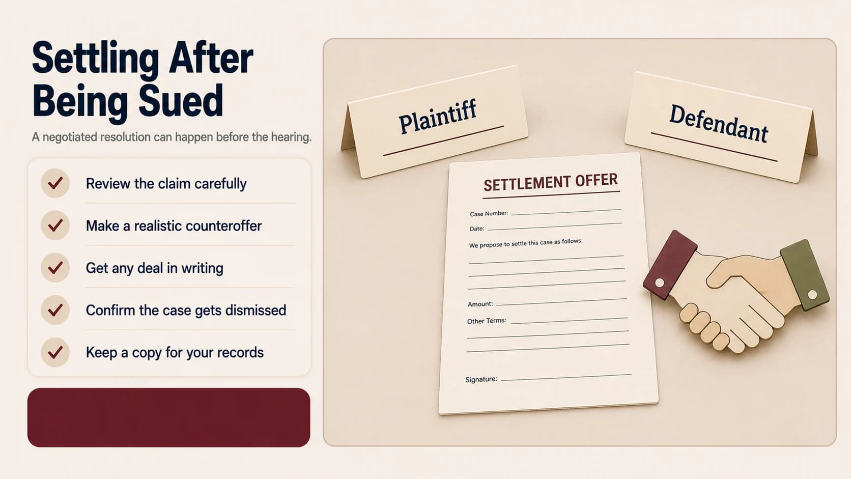 Plaintiff and defendant desk placards facing each other over a blank settlement offer sheet, with a handshake icon