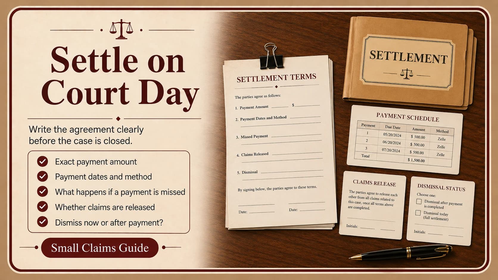 Settlement terms sheet and payment schedule covering payment amount, dates, missed-payment terms, and dismissal status