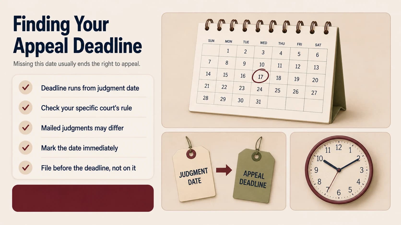 A desk calendar with a circled date next to Judgment Date and Appeal Deadline tags connected by an arrow, and a clock