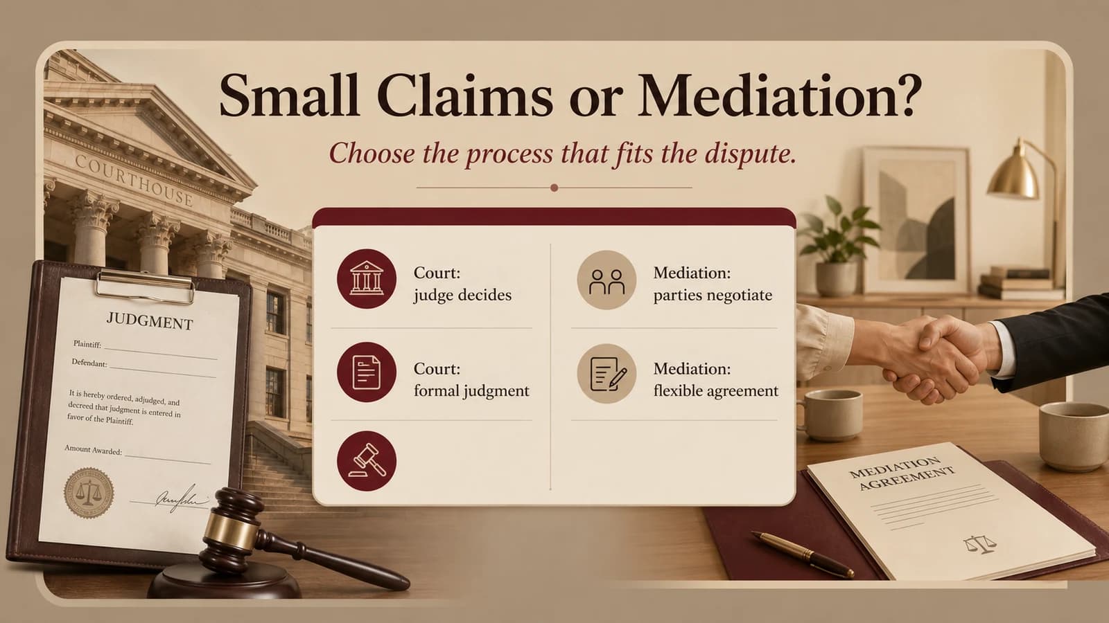 Side-by-side comparison of small claims court and mediation, contrasting a court judgment with a negotiated agreement